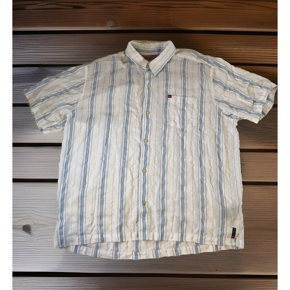 Quicksilver Button Down Striped Blue White Short Sleeve Shirt Pocket Size XL